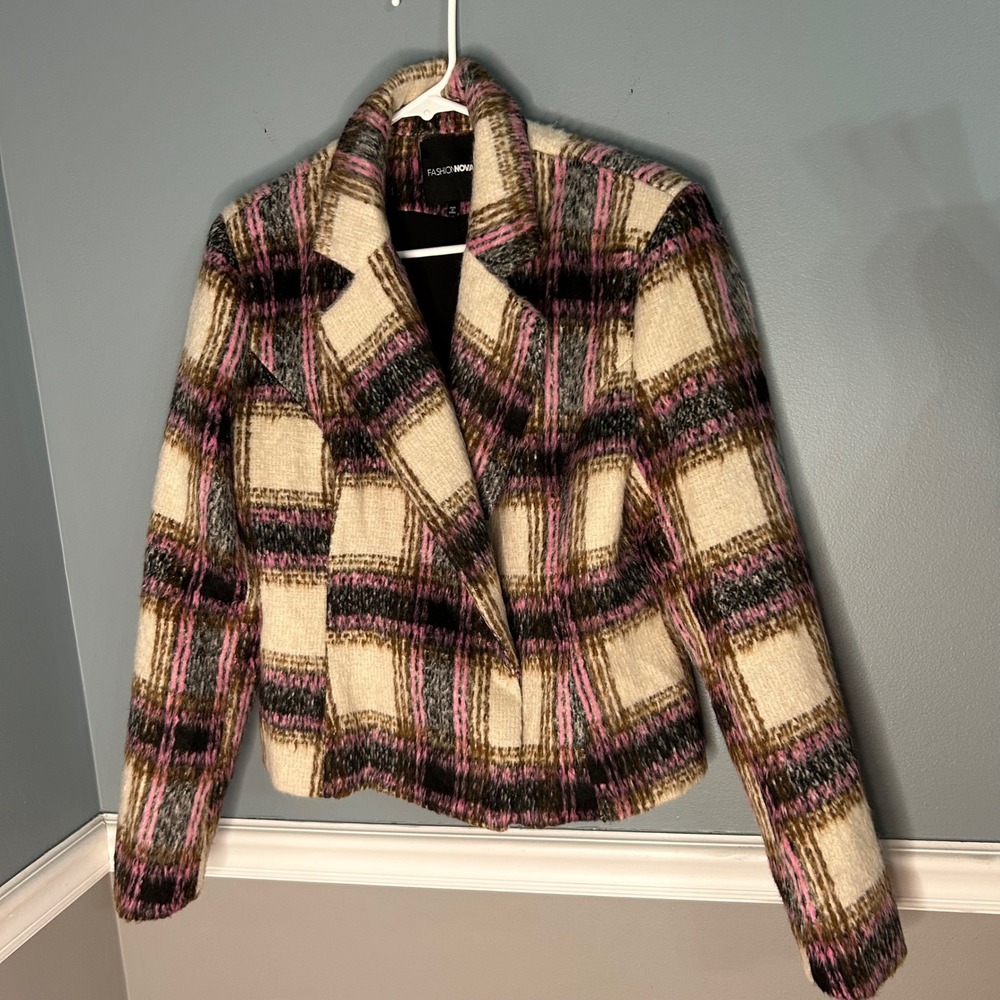 Fashion Nova Women Pink Brown Plaid Fuzzy Snap Front Blazer Jacket L